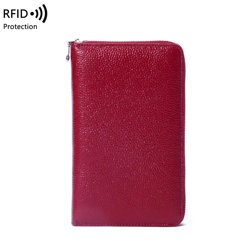 RFID Long Wallet: Top Grain Cowhide Passport & Document Holder with Zipper Phone Pouch for Men & Women