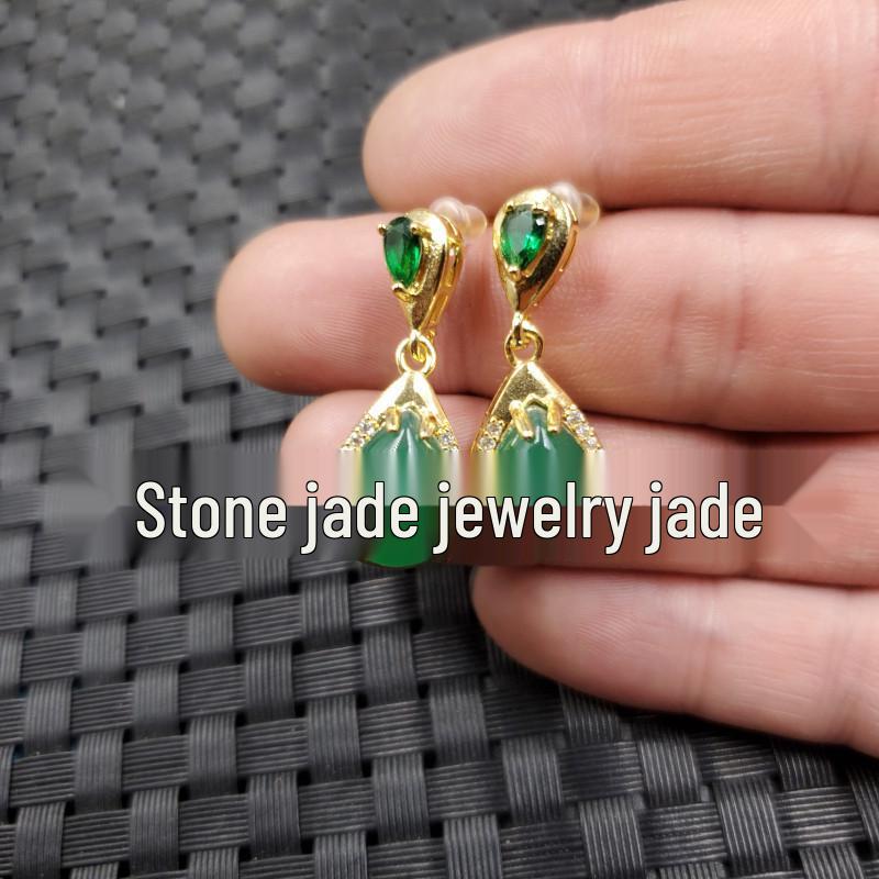 Ice Jade Green Chalcedony Water Drop Earrings with Agate and Diamond Inlay