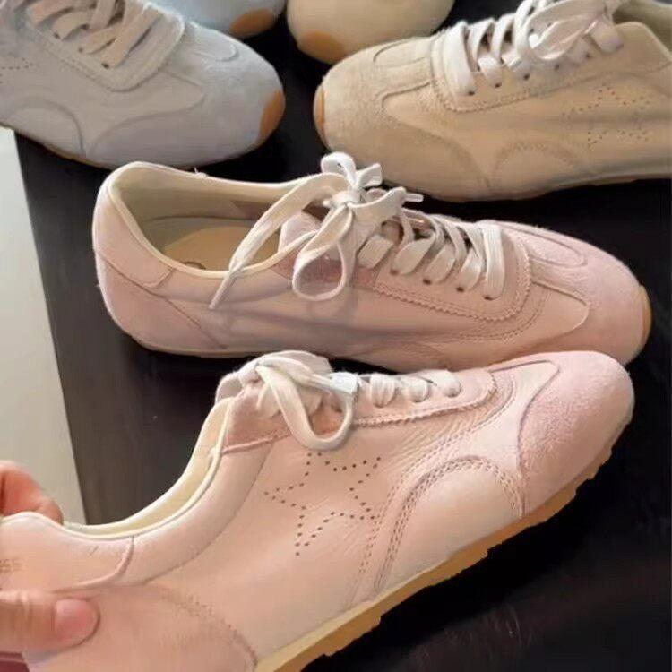 Leather Soft-Soled Training Shoes Women'S Spring Flat-Soled Lace-Up Casual Sports Shoes
