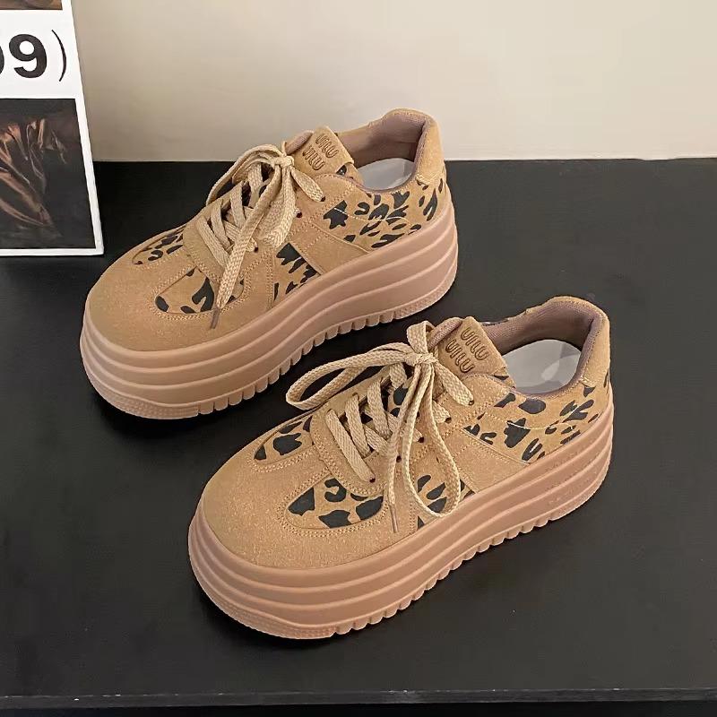 Women Leather Sneakers Autumn Spring Brown Casual Walking Shoes Chunky Sneakers High Platform Sport Skateboard Shoes Woman 7.5CM