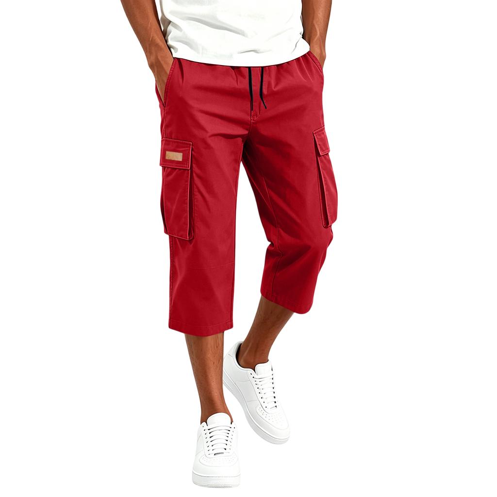 Men's Cargo Drawstring Pants Casual Multi Pocket Capri Work Trousers Lightweight Breathable Outdoor Utility Pants for Daily Wear