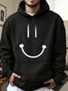 Casual Streetwear Style, Hoodie, Minimalist White Joyful Face Print, Autumn Winter Daily Wear, Gift for Boyfriend Or Son