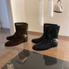 2025 Autumn and Winter New Round Head Belt Buckle Suede Low Tube Thin Martin Inner Slope Heel Women's Short Boots