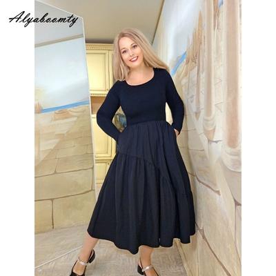 Elegant Fashion Autumn Winter Women Midi Dress Knitting Patchwork Ruffles Dress Long Sleeve Feminine A-Line Dress