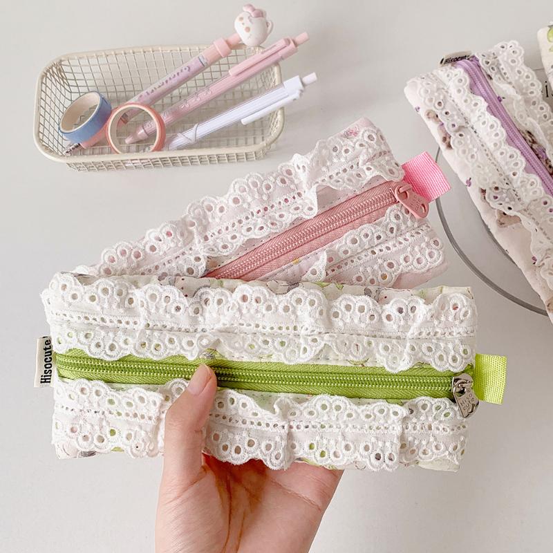Cute Lace Cartoon Pencil Pouch Large Capacity Cosmetic Bag Pet Dog Pattern Pen Case Makeup Bag Stationery Storage Bag