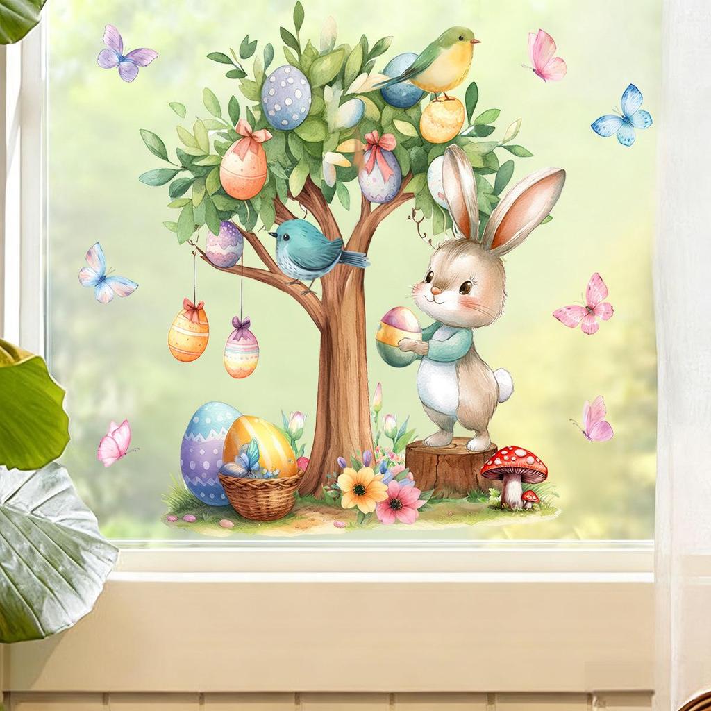 Easter Egg Cartoon Rabbit Electrostatic Window Clings for Living Room or Glass Door.