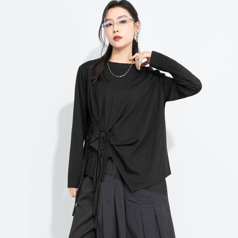 Tops casual larghi vintage neri a manica lunga asimmetrici da donna per primavera autunno t-shirt