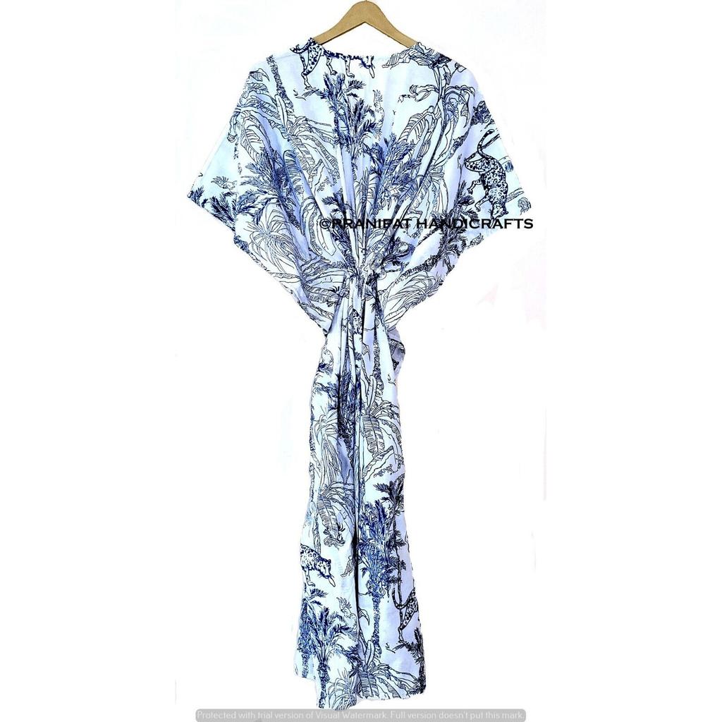 Robe longue d'été en coton pour femme, style hippie, imprimé forêt, bleu, maxi caftan CKFTN-SCRN-FULL-BUYIT-136