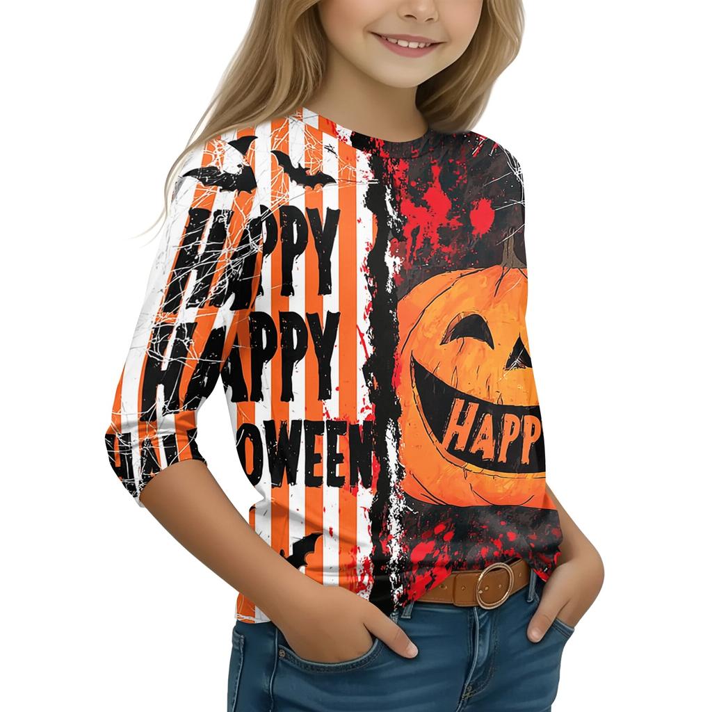 Kids Halloween Printed T-Shirt with Pumpkin Witch Design, 7/8 Sleeve Round Neck Top for Daily Wear