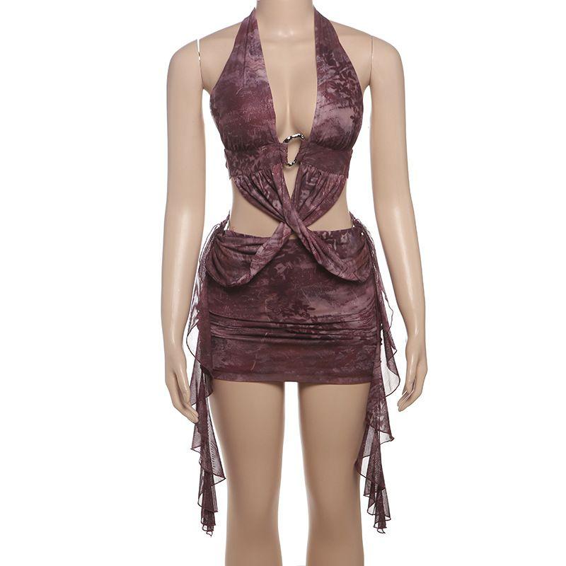 

Western Style Ins New Fashion Hanging Neck Mesh Floral Print Sheath Short dress Sexy Backless Cut-out Dress Purple L