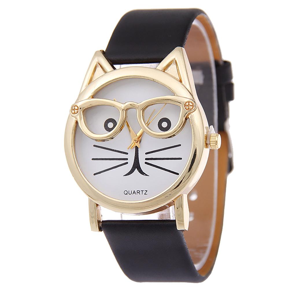 Ladies Watch Wear Glasses Cat Dial Belt Ladies Quartz Watch
