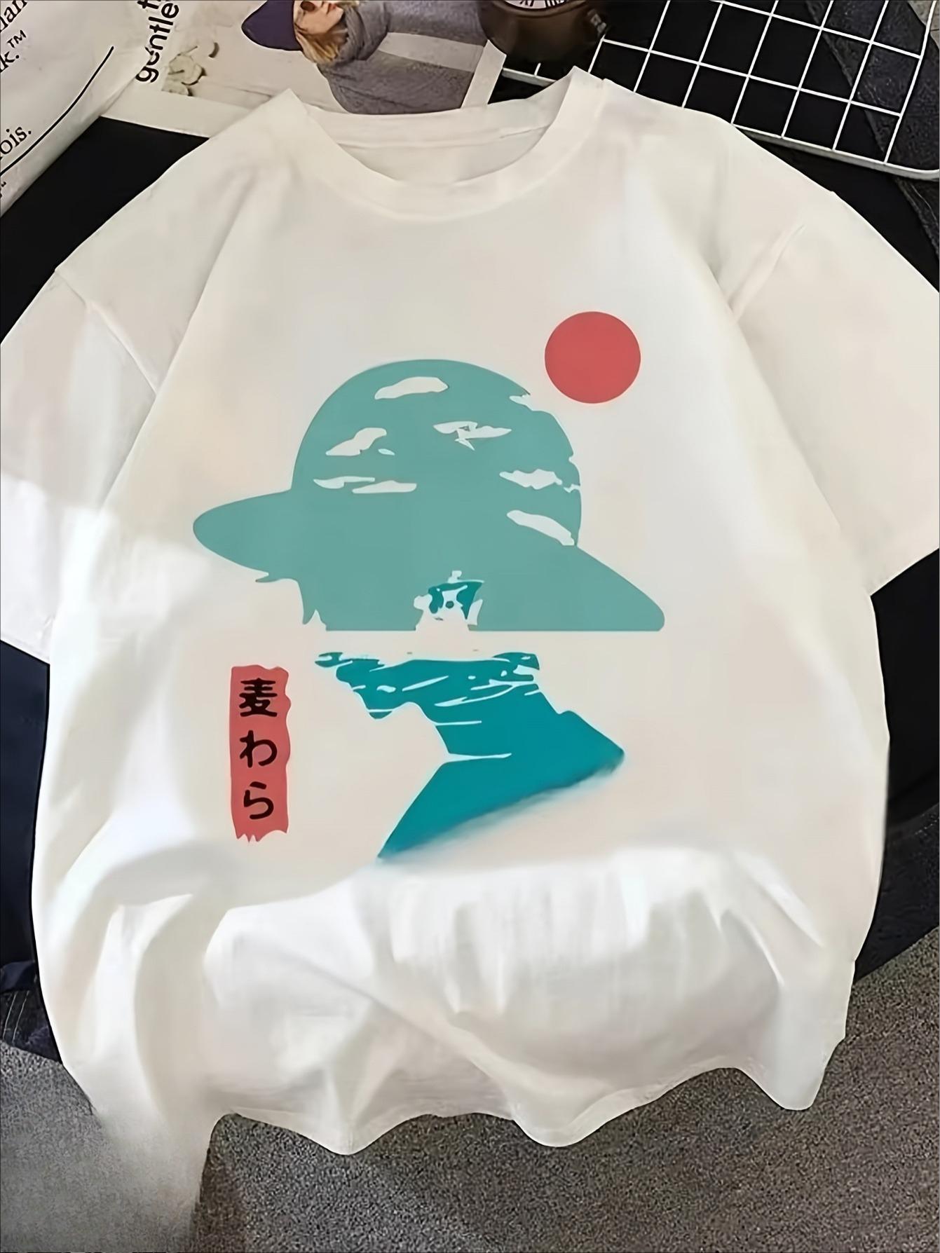 

2026 New Cutting Anime Pattern Tshirt Harajuku Y2K Street Style Straw Hat Pirate Design Unisexs Round Neck Short Sleeve S