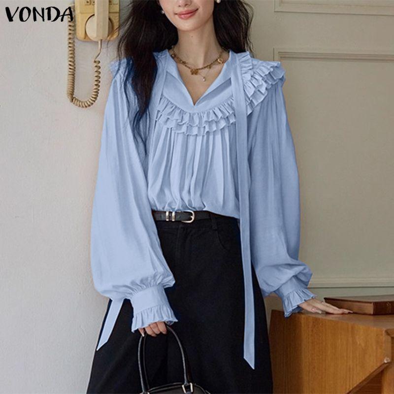 VONDA Elegant Women Bows Tie Ruffled Loose Casual Long Sleeve Blouse