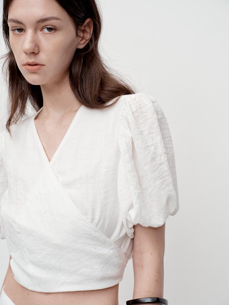 French Puff Sleeve Tie-Up Shirt - Women's V-Neck Summer Design, No Returns