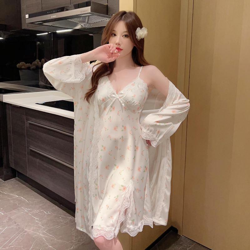 New ice silk pajamas female sexy with chest pads spring and summer lace pure desire wind with chest pads suspender two-piece set home