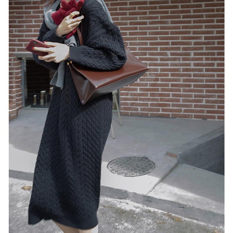 Autumn and Winter V-neck Retro Twist Embossed Pullover Sweater, Medium and Long Casual Knitted Bottoming Dress for Women