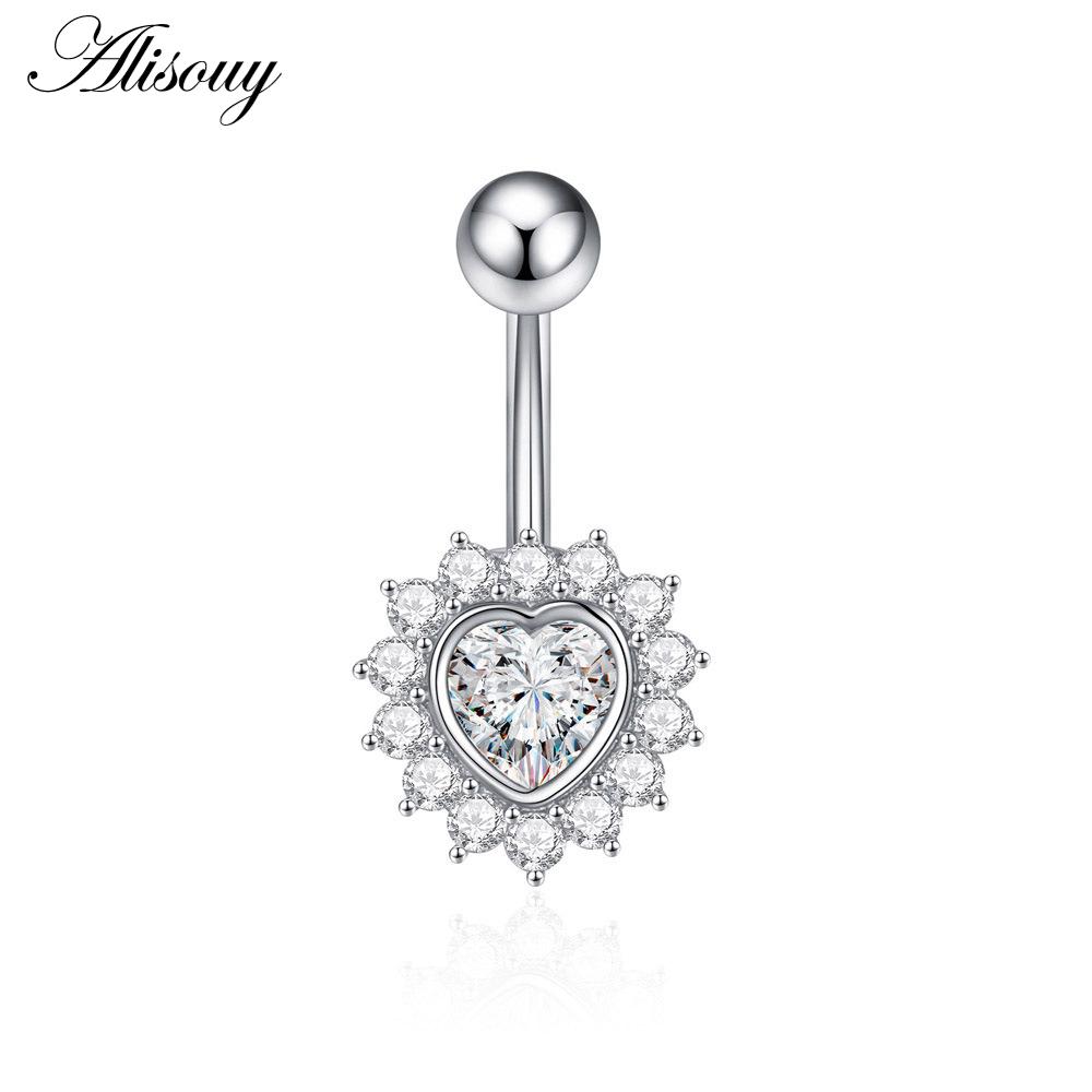 Alisouy 1pc Zircon Sexy Long Belly Ring Star Sun Moon Heart Navel Piercing Surgical Steel Women Belly Button Ring Navel Jewelry