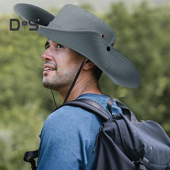 Men Fisherman Hat Flat Top Wide Brim Breathable Sun Hat Adjustable Windproof Drawstring Sun Protection Hat