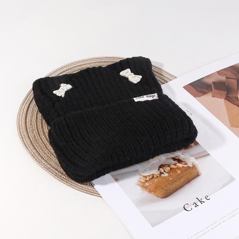 Korean Bow Hat Women's Cute Cat Ear Knitted Hat Outdoor Warm Versatile Wool Hat Student Pullover Cold Hat