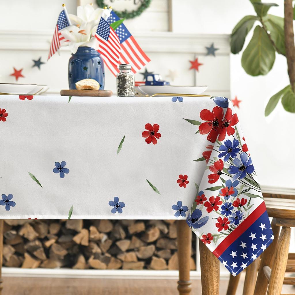 Horaldaily 4th of July Tablecloth 60x84 Inch, Patriotic Watercolor Poppy Flowers Independence Day Memorial Day Table Cover for Party Picnic Dinner