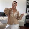 2026 New Style V-neck Solid Color Heavy Embroidered Pearl Single-breasted Lantern Long-sleeved Top