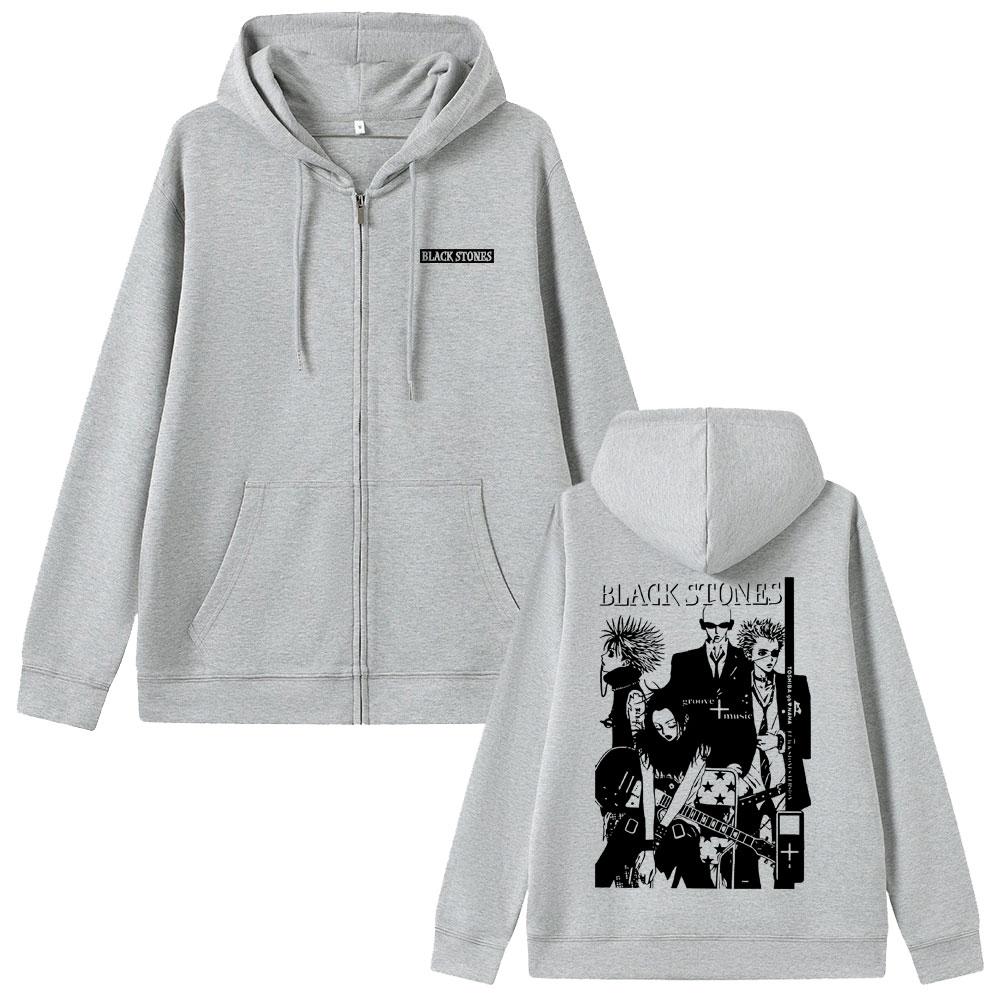 2025 Anime Printed Zipper Hoodie Black Stone Zipper Jacket Men's and Women's Manga Casual Long Sleeve Zipper Sweatshirt Street Wear