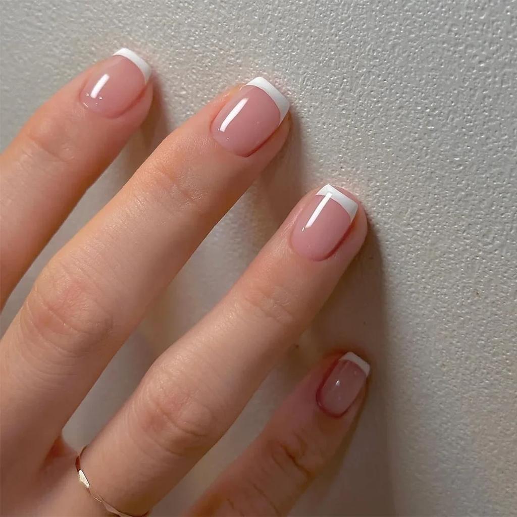 24Pcs Almond Long French Fake Nails Pointed Glossy White Edge Artificial Acrylic Press On Nails Removable Nail Art Tips