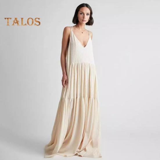 Lady Beach Dress Deep V Neck Loose A-line Patchwork Backless Sleeveless Pleated Vacation Strappy Dress Resort Wear Maxi Dress Floor Length Sundress