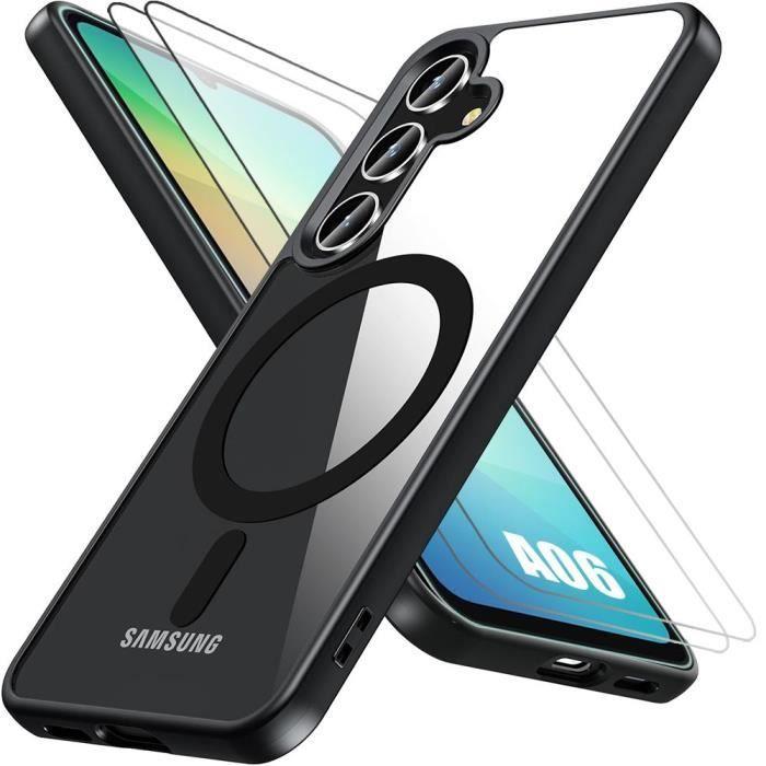 Coque + 2 verrres trempés pour samsung galaxy a06, coque avec anneau magnétique, protection antichoc bordure noir