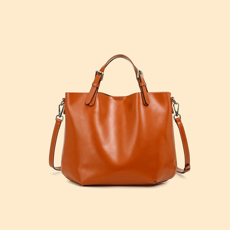 The First Layer Of Cowhide Is Simple And Large-Capacity Commuter Tote Bag, Versatile And Advanced Sense, Portable Single Shoulder Crossbody Bucket Bag
