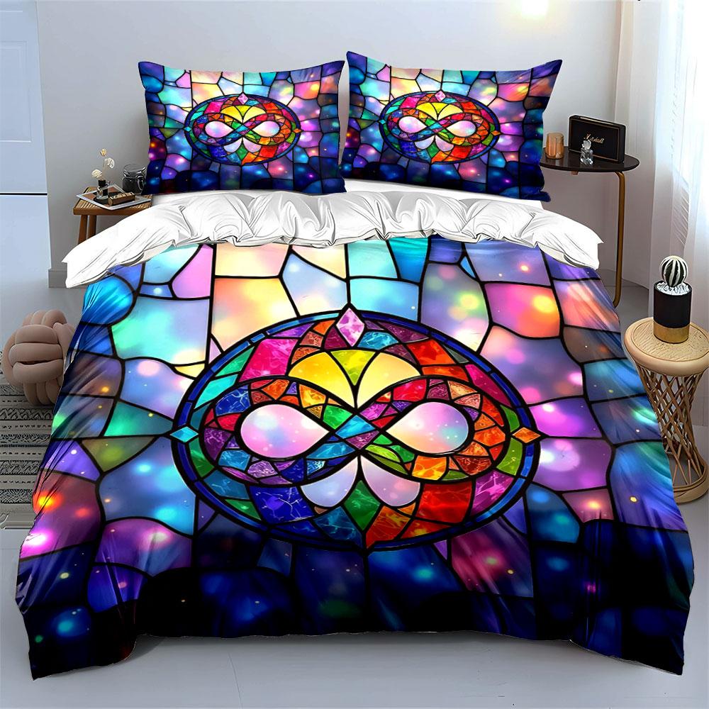 Colorful Stained Glass Art Decor Bedding Set with 1 Duvet Cover 2 Pillowcases Single Double King Queen, Gift