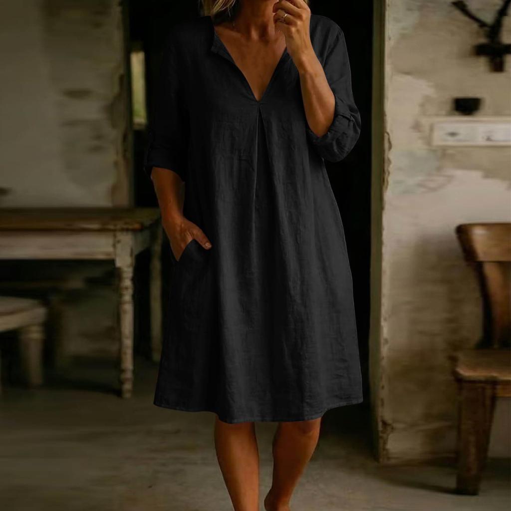 Women Casual Loose Fit V Neck Cotton Linen Dress with Three Quarter Sleeves and Side Pockets for Daily Wear Comfortable Style