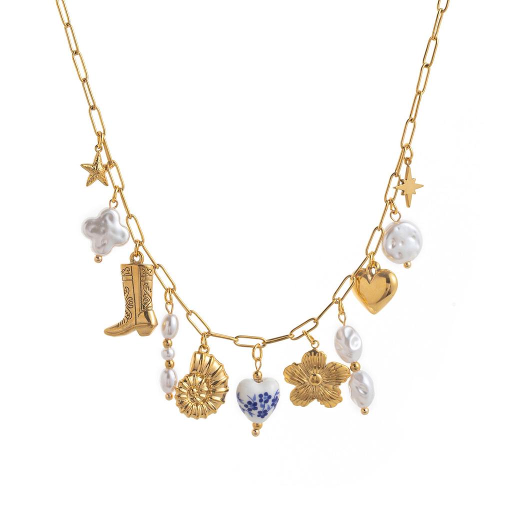 European and American Style Multi-Pendant Pearl & Stainless Steel Necklace with Small Fish, Chili, and Heart Ocean Style Choker