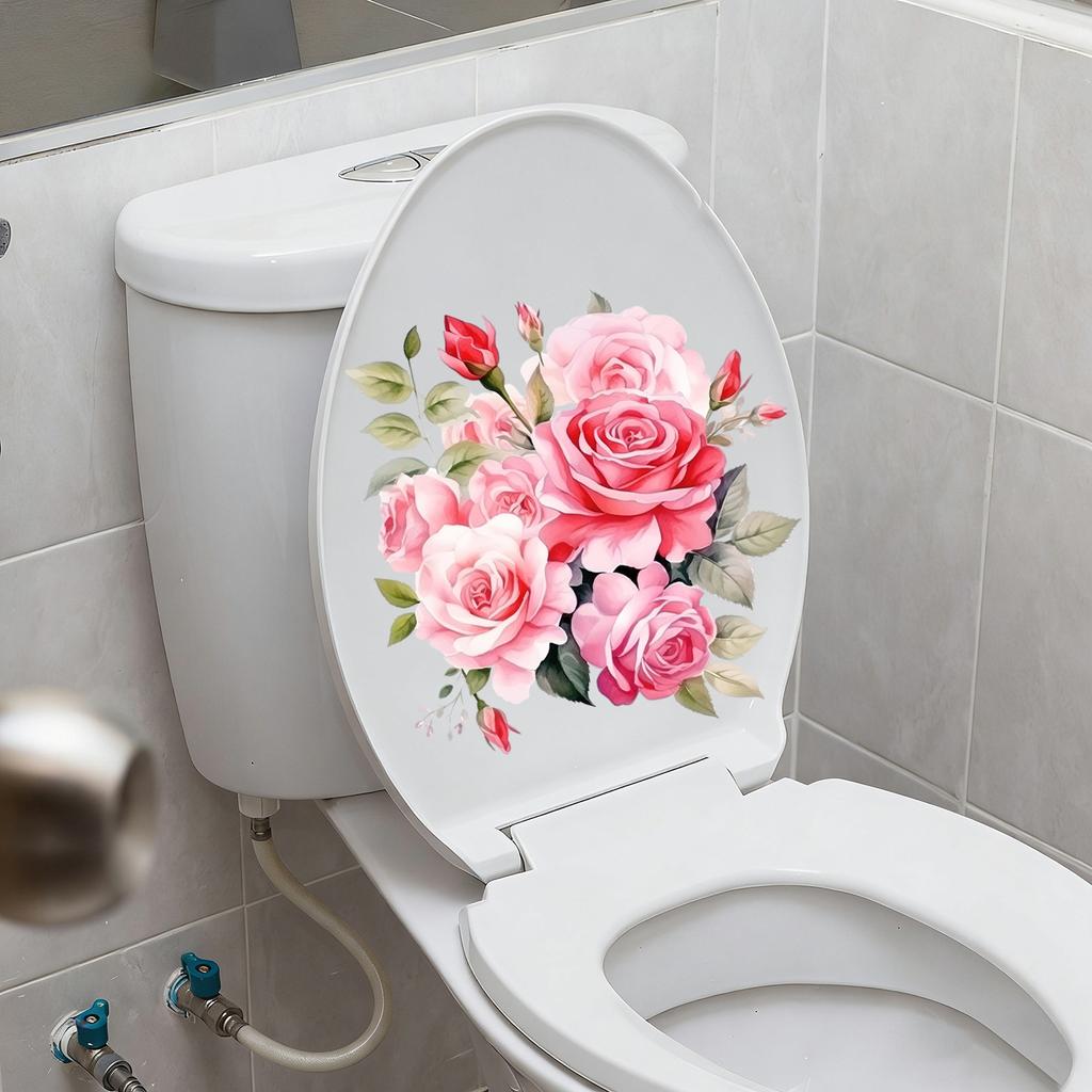 Watercolor Powder Rose Toilet Paper Self-adhesive Removable Bathroom Toilet Cover Decorative Sticker