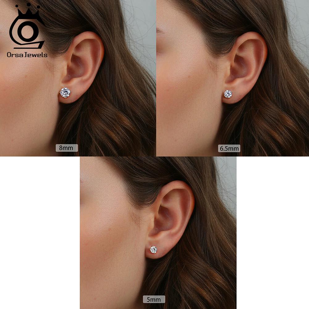 ORSA JEWELS S925 Silver Four Clawed Round Moissanite Earrings for Women Shiny D Color Moissanite Earrings Party Jewelry MOE10