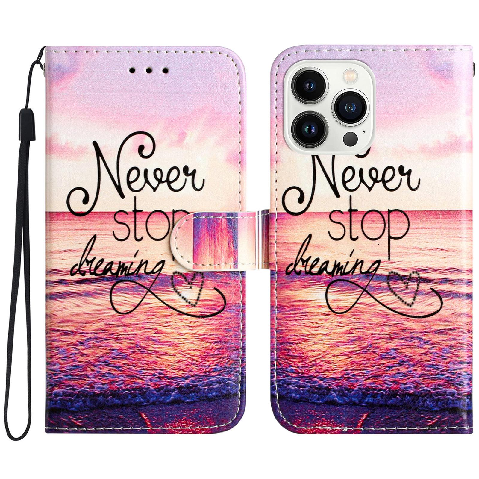 

For iPhone 16 Pro Case Pattern Leather Phone Folio Cover with Card Slots Viewing Stand Never Stop Dreaming