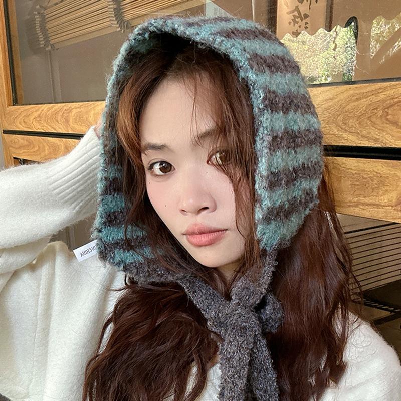 Small Scarf Women Korean Style Neckband Ear Warmer Dual-Purpose Hat Striped Knitted Wool Versatile Cute Neckband