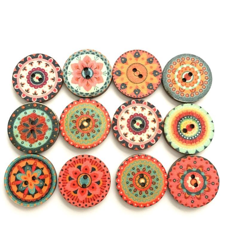 50PCS 20MM Mixed Random Flower Painting Round 2 Holes Wood Wooden Buttons for Sewing Crafting