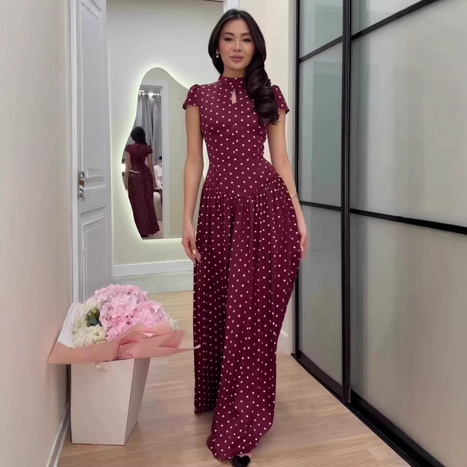 

2026 Polka Dot Short Sleeve High Neck Slim Fit Elegant Long Dress for Women Small