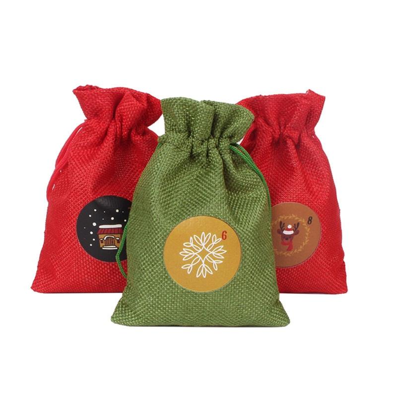 24 Sets Christmas Advent Calendar Drawstring Bag with Stickers Wooden Clips Ropes Hanging Countdown Candy Gift DIY X3UC