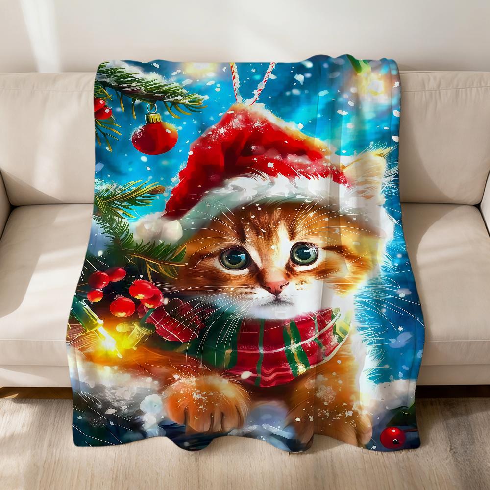 Cute fashion winter Christmas cat art Flannel soft warm plush blanket sofa living room pet hogar bedroom gift home Car portable