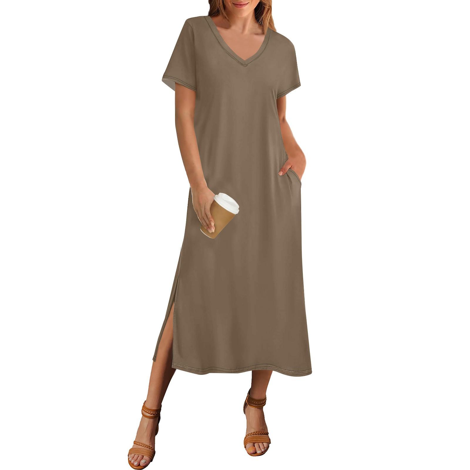 

Женское летнее однотонное платье с коротким рукавом, пляжное платье с карманом, повседневное платье с V-образным вырезом и боковыми разрезами XXXL коричневый