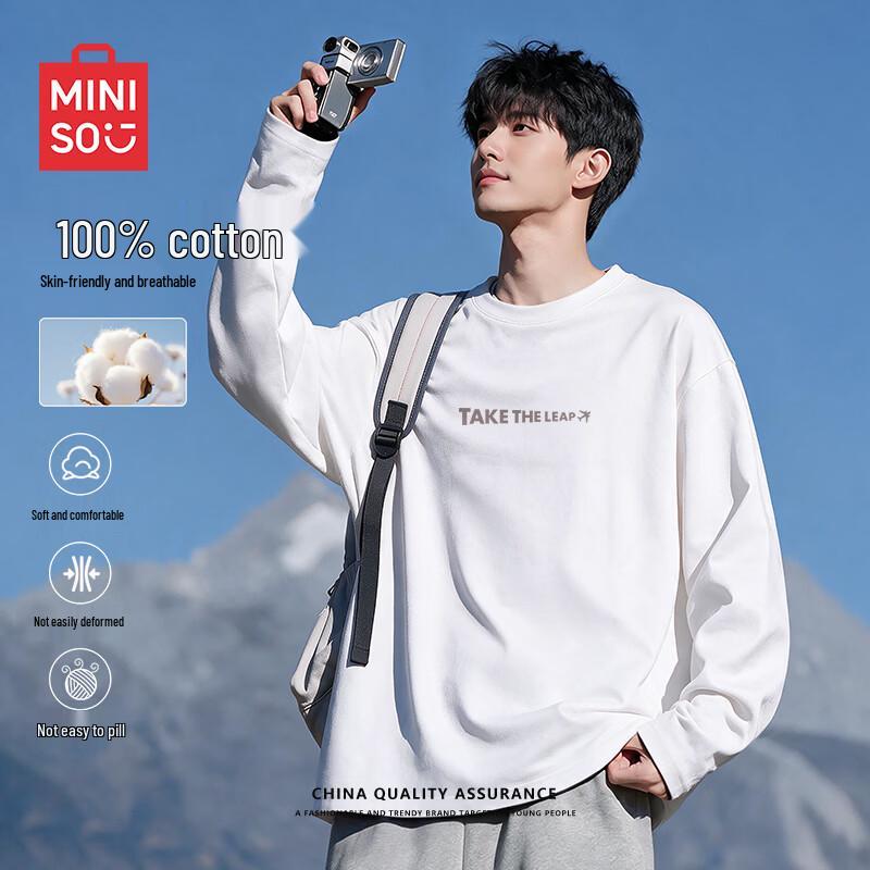 MINISO Men's Relaxed Fit Heavyweight Pure Cotton Long-Sleeve T-Shirt