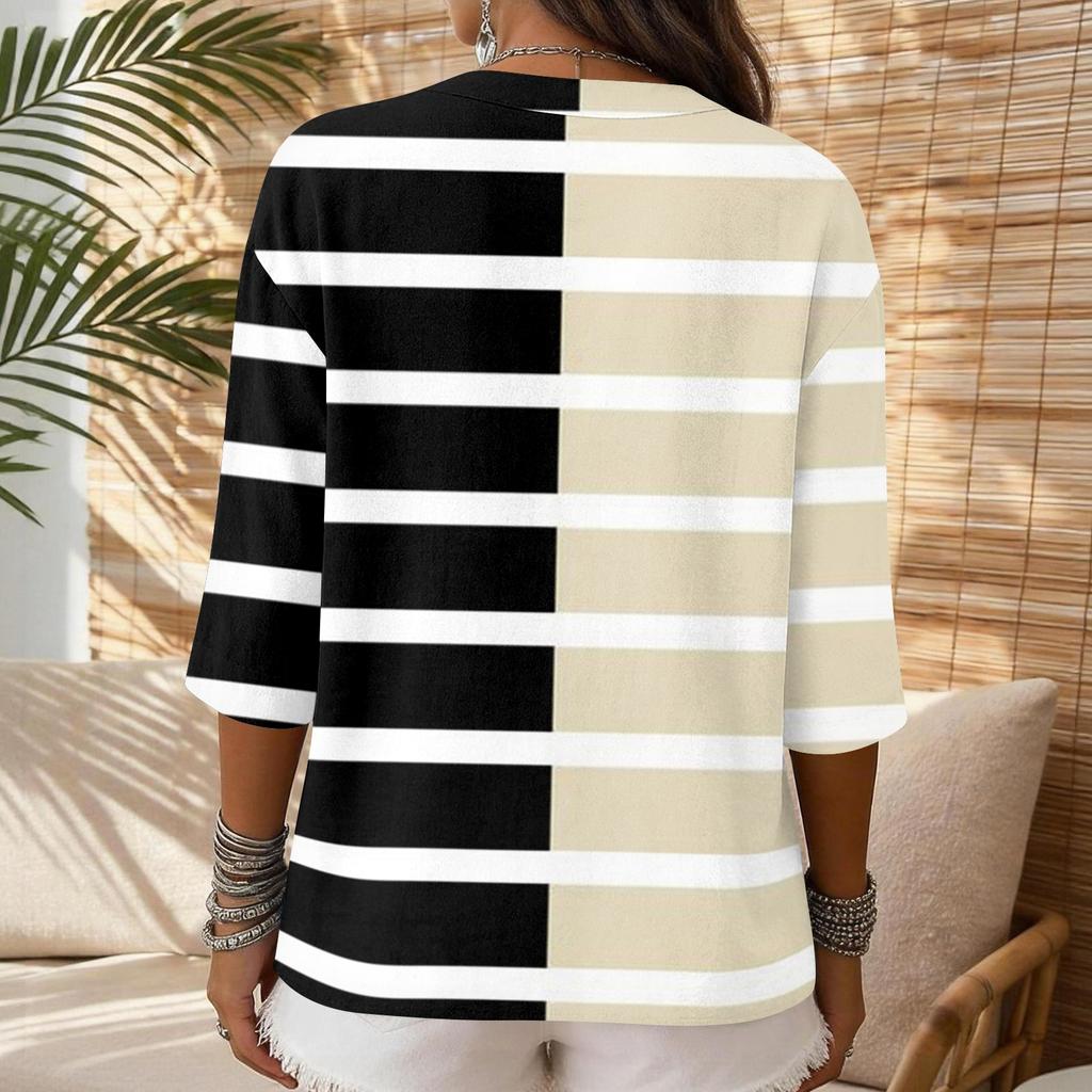 Women Casual V Neck Button Front Three Quarter Sleeve Striped Plaid Print Linen Cotton Blended Top Lightweight Breathable Shirt