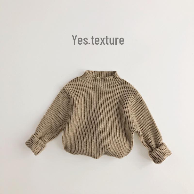 Unisex Earth Tones Ribbed Semi-High Neck Stretch Sweater for Kids – Slim Fit Korean Style Knit T-Shirt