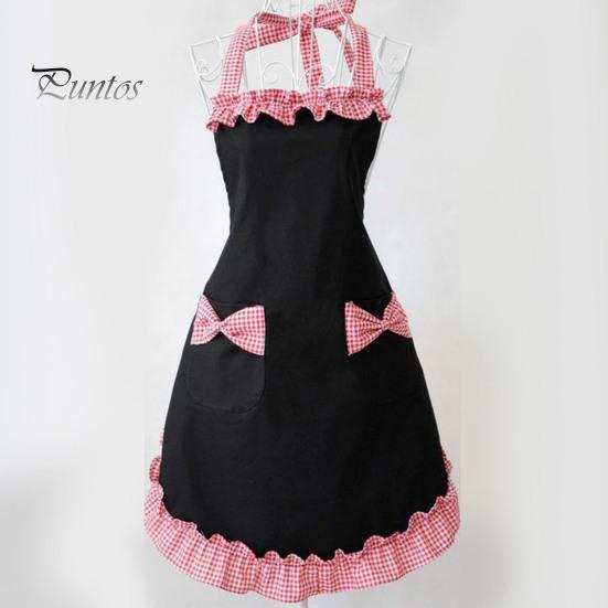 Women Cute Bowknot Decor Pocket Apron Plaid Print Splicing Adjustable Lace-up Kitchen Flirty Apron Mother Day Gift