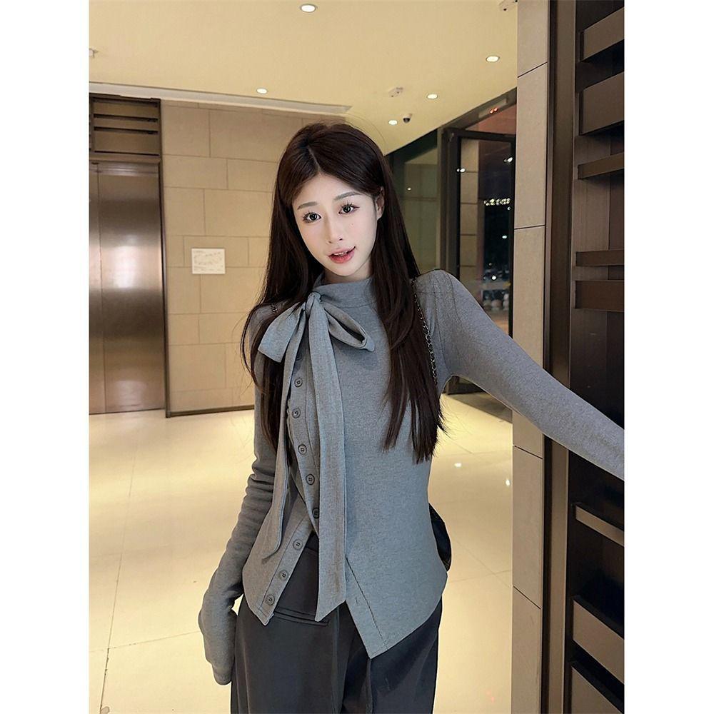 Koreanischer Stil Gebürstetes Verdicktes Langarm-T-Shirt mit Krawatten-Schnürung Stehkragen, Herbst/Winter Schlanke Passform