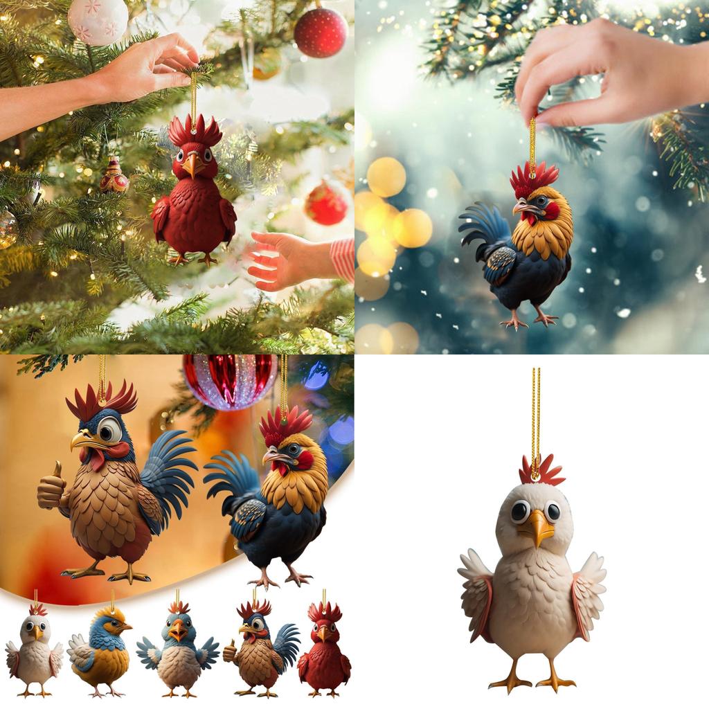 Adorable Acrylic Christmas Cartoon Chicken Car Pendant For Festive Holiday Decor