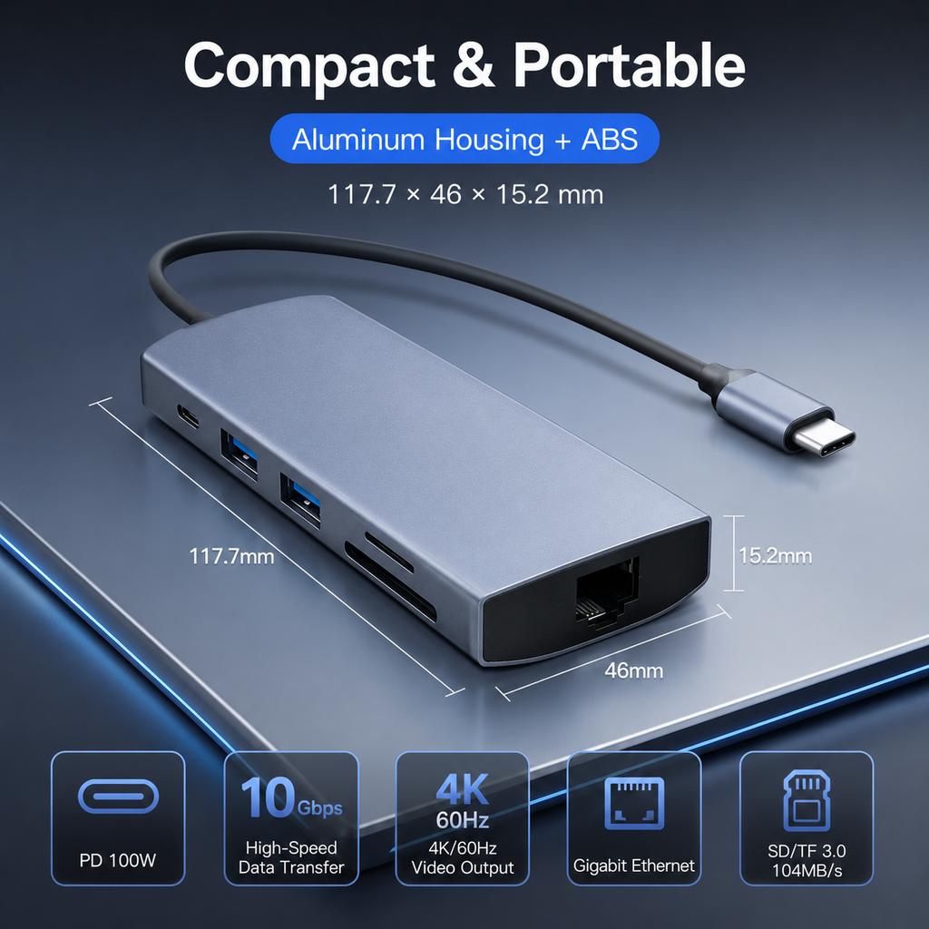 9 in 1 USB C Hub 10Gbps USB 3.2 Gen2 Dual Type C 4K 60Hz Video Gigabit Ethernet RJ45 100W PD SD TF Docking Station MacBook