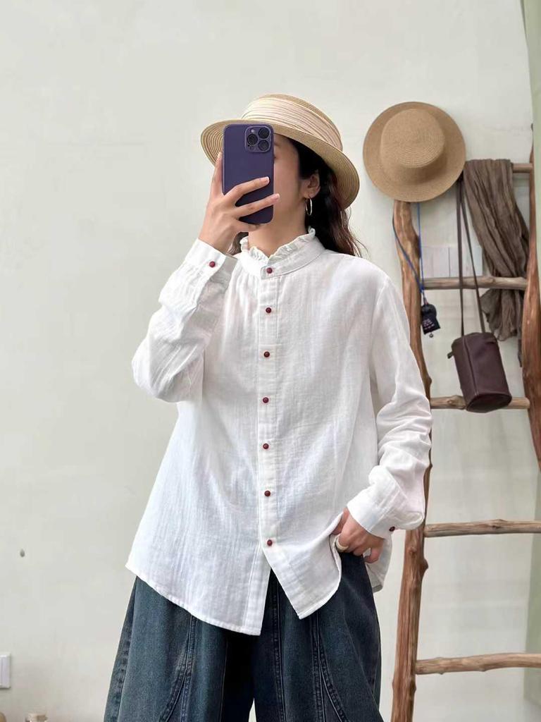 Women's Double-Layer Gauze Cotton Ruffle Stand Collar Long Sleeve Shirt - Early Spring Solid Color Versatile Layering
